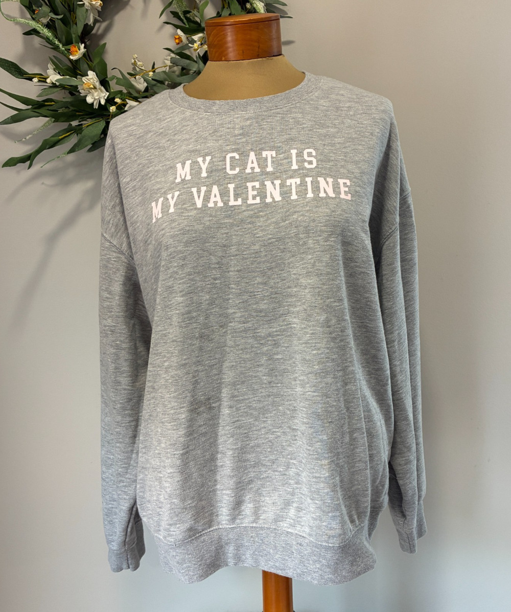 Francesca’s Women’s Gray Long Sleeve Sweater Top My Cat Is My Valentine, L